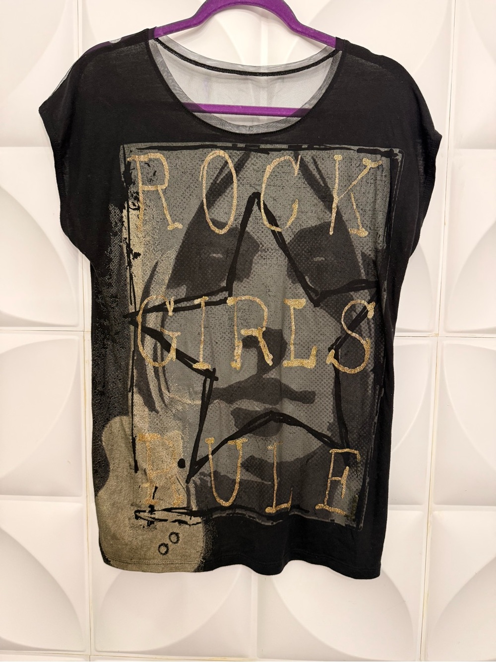 total girl Black Short Sleeve 'Rock Girls Rule' Graphic Tee with Gold Print